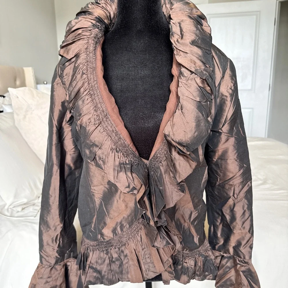 Zina Eva 100% Silk Vintage Brown Ruffle-Trim Jacket